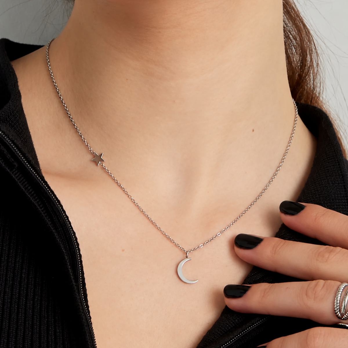 Stainless Steel Moon & Little Star Necklace