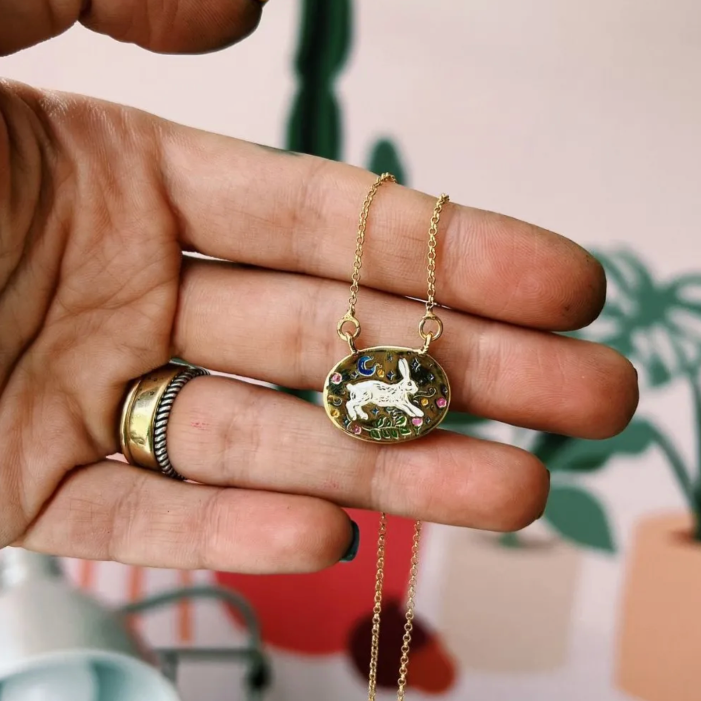 18K Gold Plated Stainless Steel Rabbit Tarot Necklace