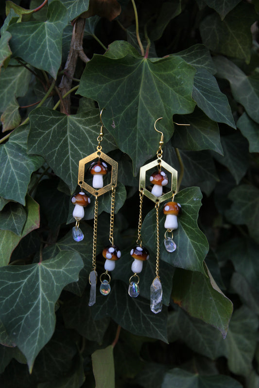 Golden Mushroom Earrings 'Musa' with Natural Crystal