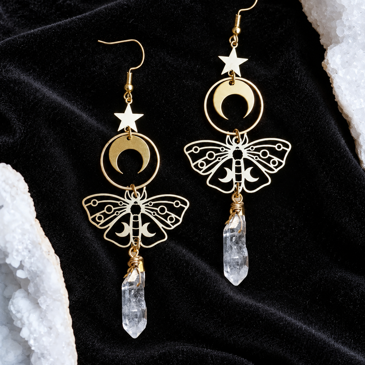 Handmade Copper Moth and Moon Earrings With Crystal 'Shane'