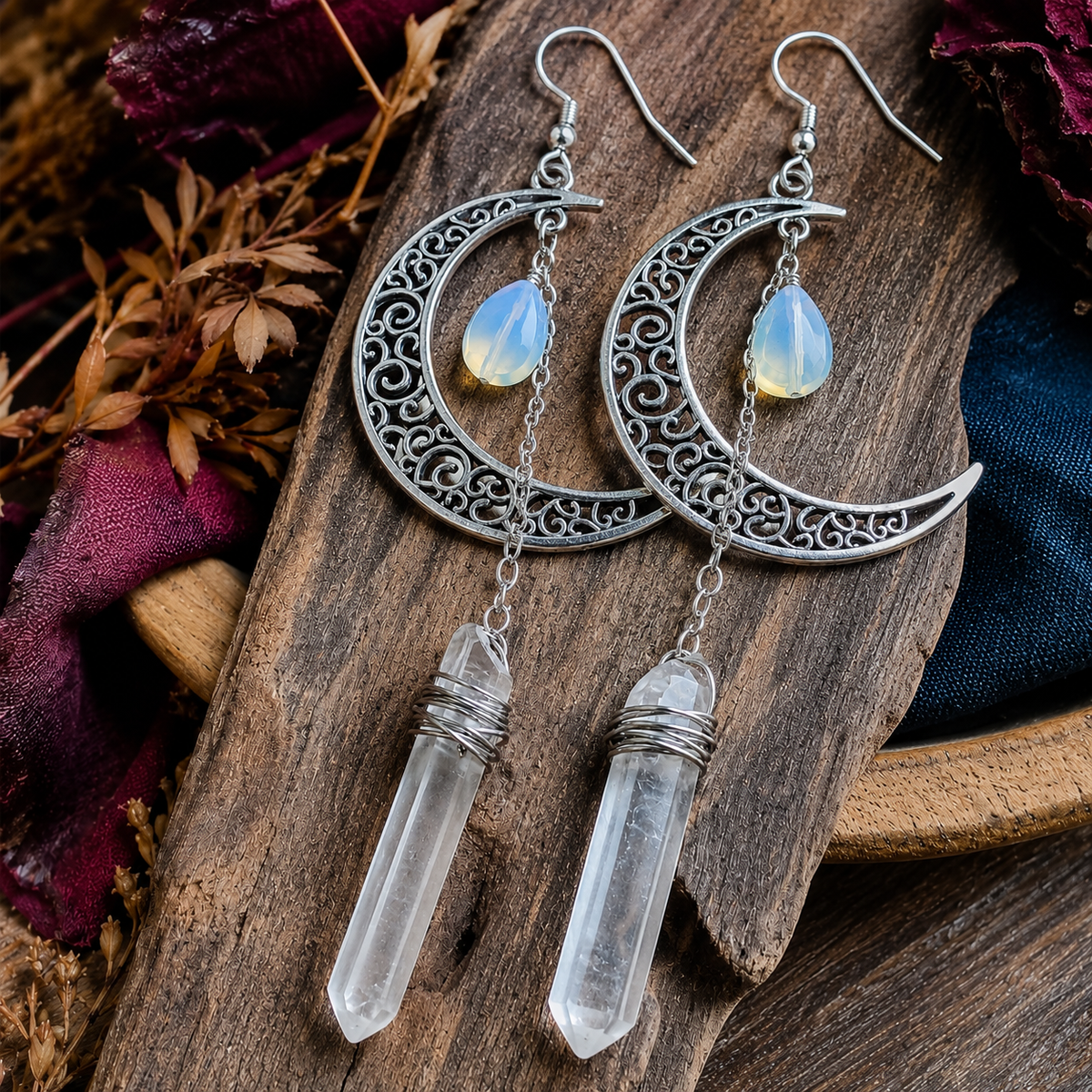 Handmade Copper Moon Earrings with Crystal 'Pandora'