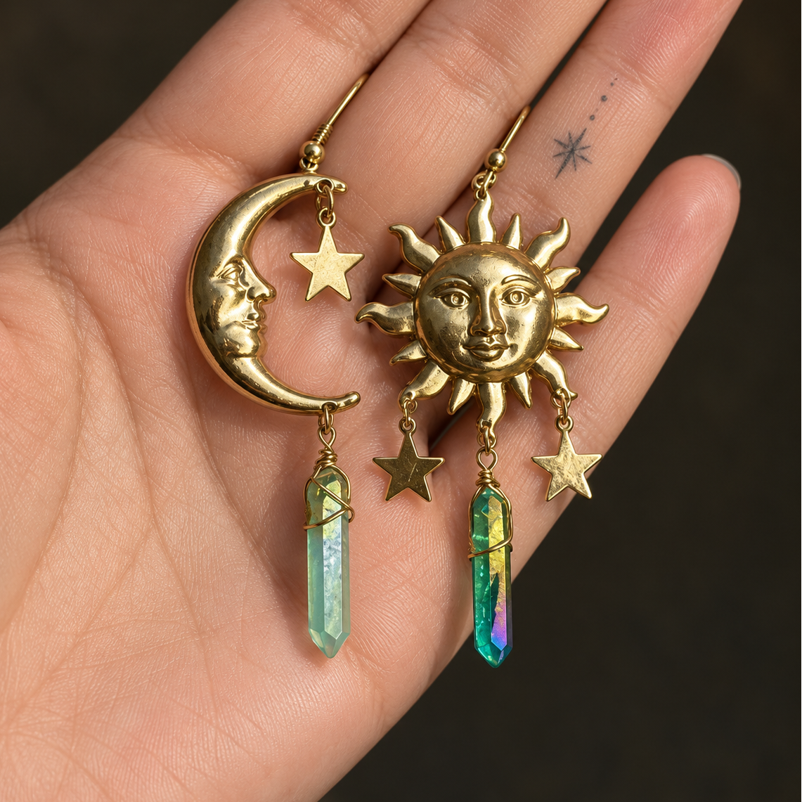 Handmade Alloy Asymmetric Moon and Sun Earrings With Crystal 'Lilith'