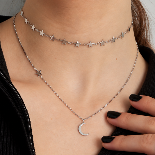 Stainless Steel Moon & Little Star Necklace