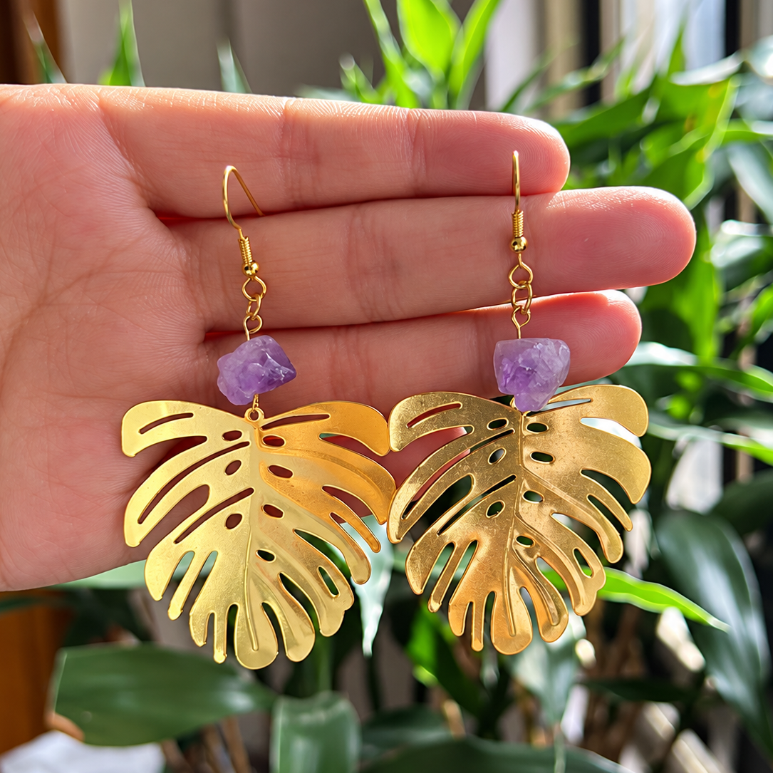 Handmade Alloy Monstera Earrings With Crystal 'Meris'