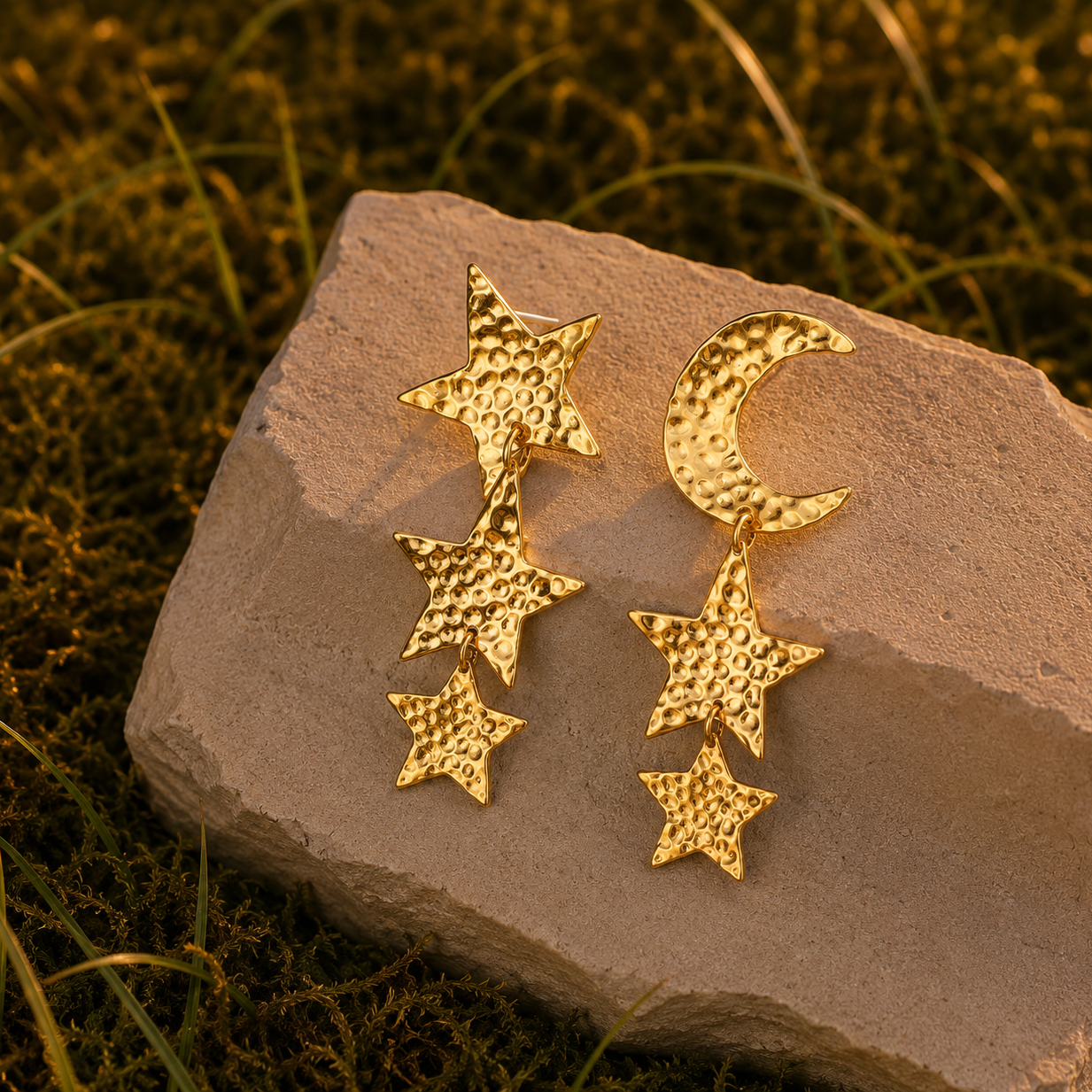 Detailaufnahme asymmetrische Ohrringe Sterne und Mond aus 18k vergoldetem Edelstahl