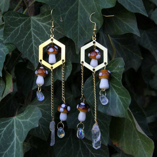 Golden Mushroom Earrings  'Musa' with Natural Crystal
