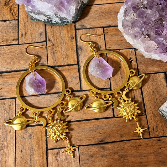 Handmade Alloy Cosmic Sun Earrings With Crystal 'Fern' - Golden