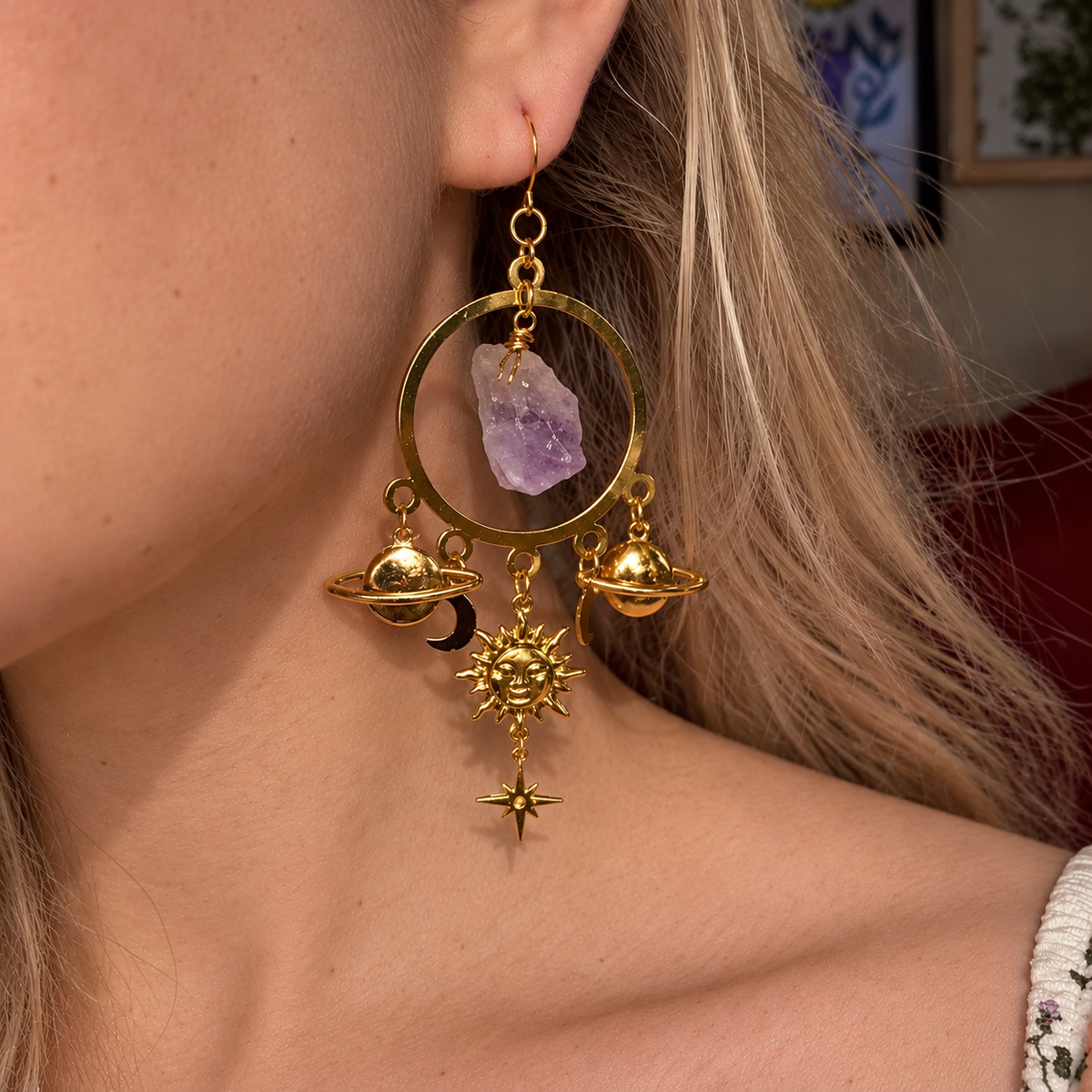 Handmade Alloy Cosmic Sun Earrings With Crystal 'Fern' - Golden