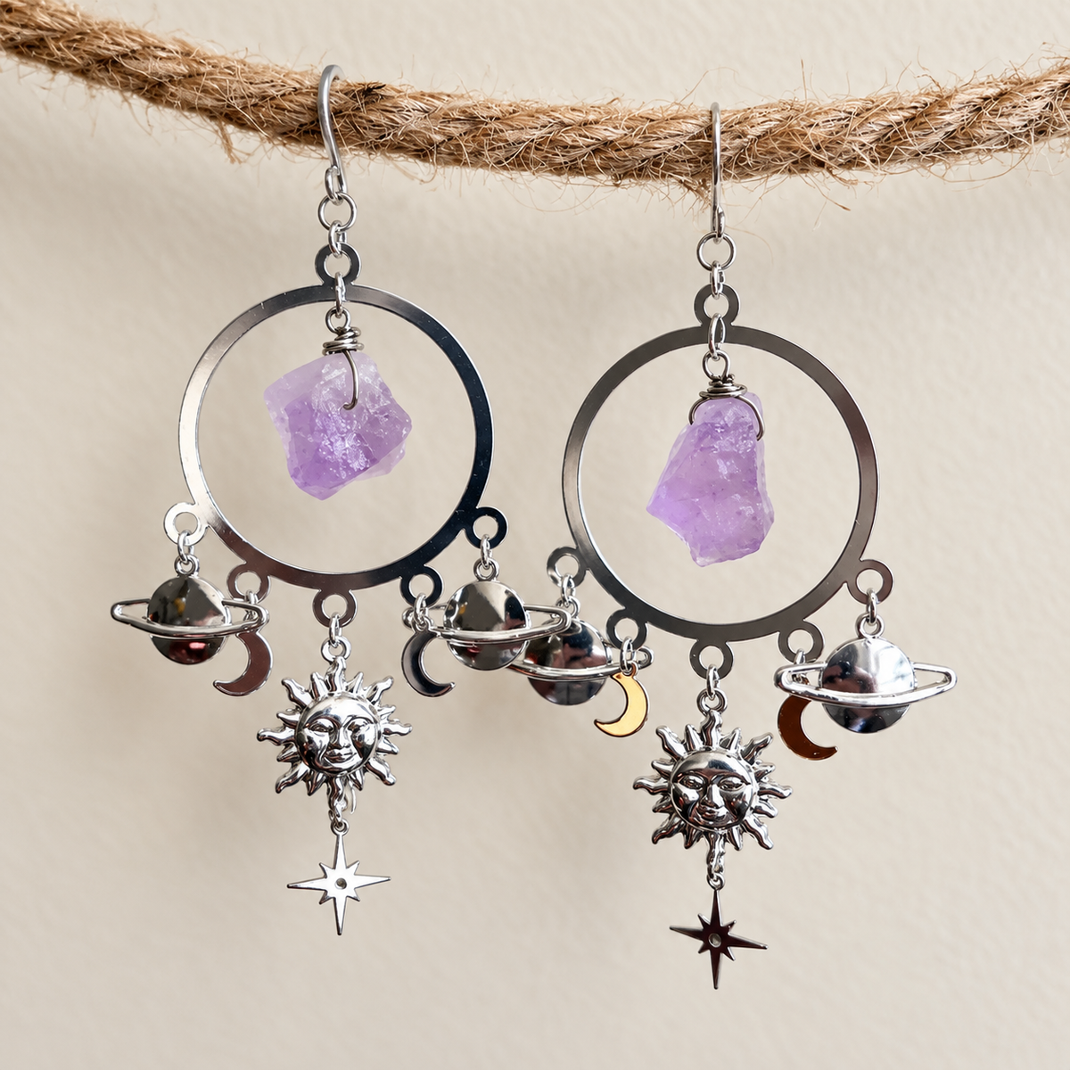 Handmade Alloy Cosmic Sun Earrings With Crystal 'Fern' - Golden