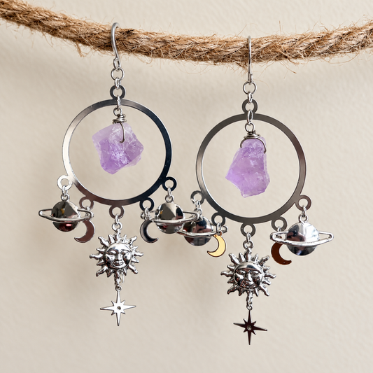 Handmade Alloy Cosmic Sun Earrings With Crystal 'Fern' - Silver
