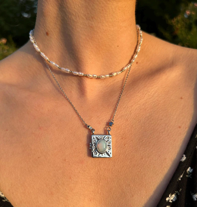 Silver Copper Celestial Book Locket Necklace